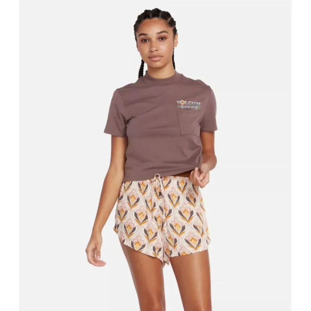 Volcom Women's Retrospectacle Shorts Size Small‎ Hazelnut Elastic Waist NWT